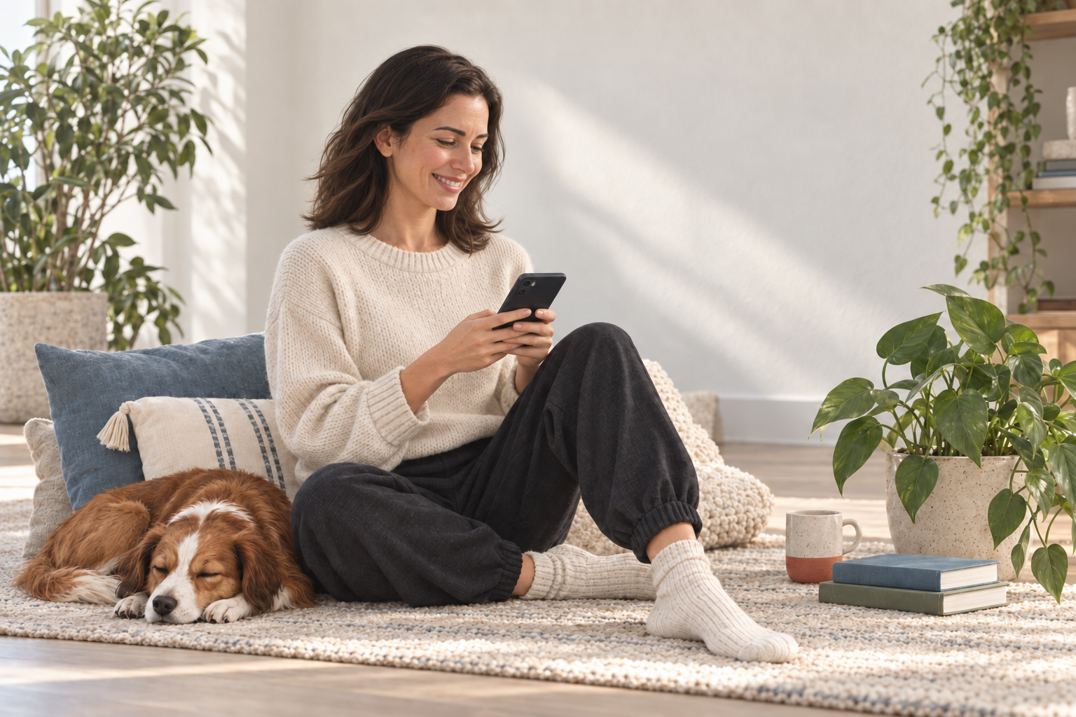 A smiling woman holding her phone at home beside her sleeping dog.